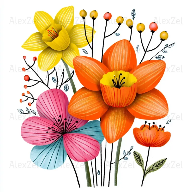 Abstract Floral Bouquets Vibrant Colors