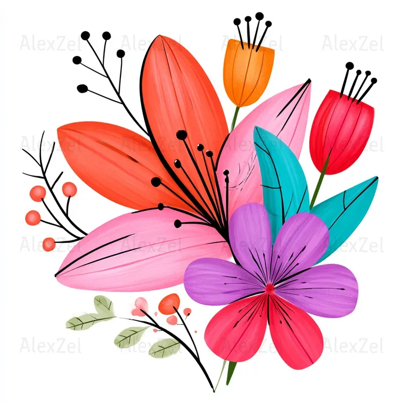 Abstract Floral Bouquets Vibrant Colors