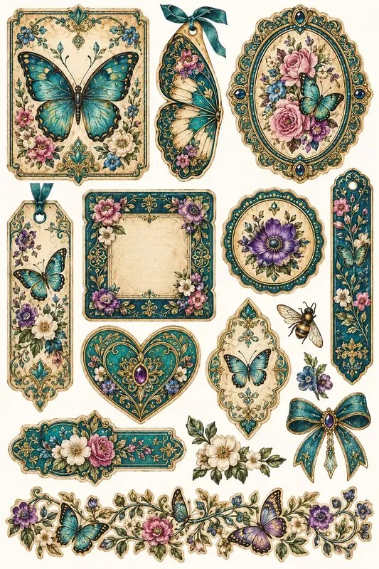 Vintage Teal Floral Ephemera