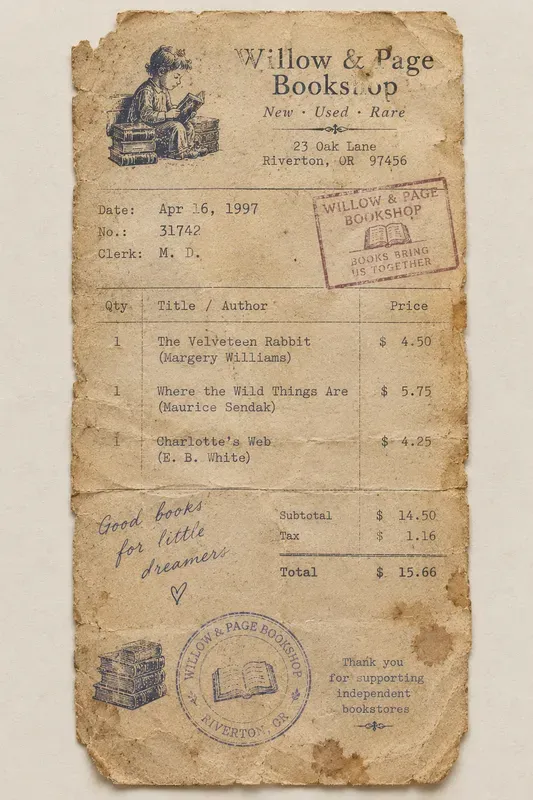 Vintage Bookstore Receipt Ephemera