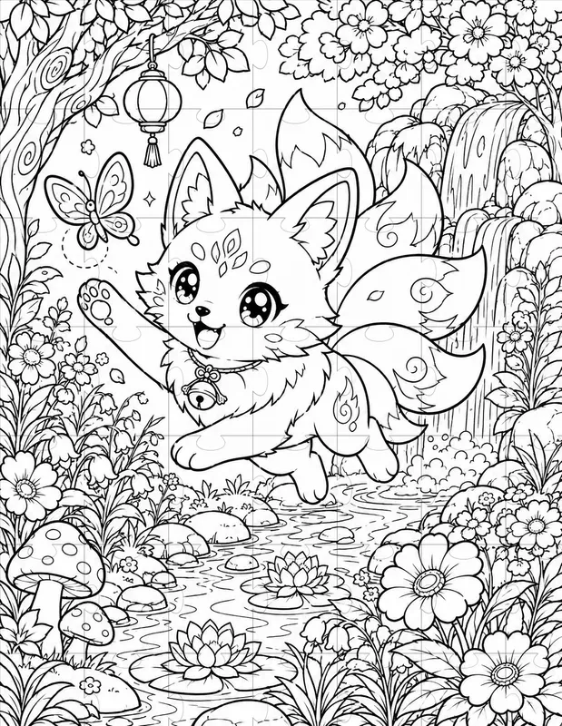 Kawaii Kitsune Fox Coloring Book Pages