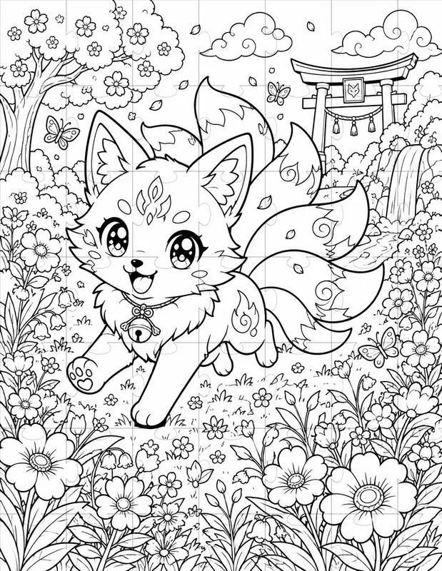 Kawaii Kitsune Fox Coloring Book Pages