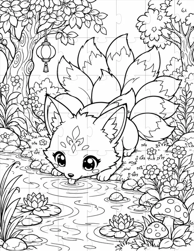 Kawaii Kitsune Fox Coloring Book Pages