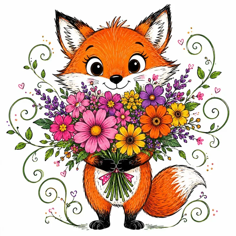 Whimsical Cute Animal Floral Art
