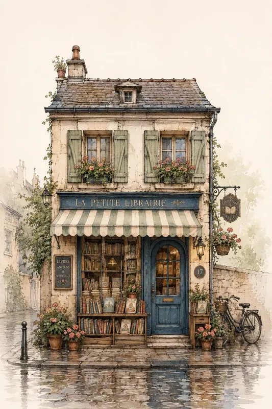 Tiny Paris Bookstores Ink Wash Art
