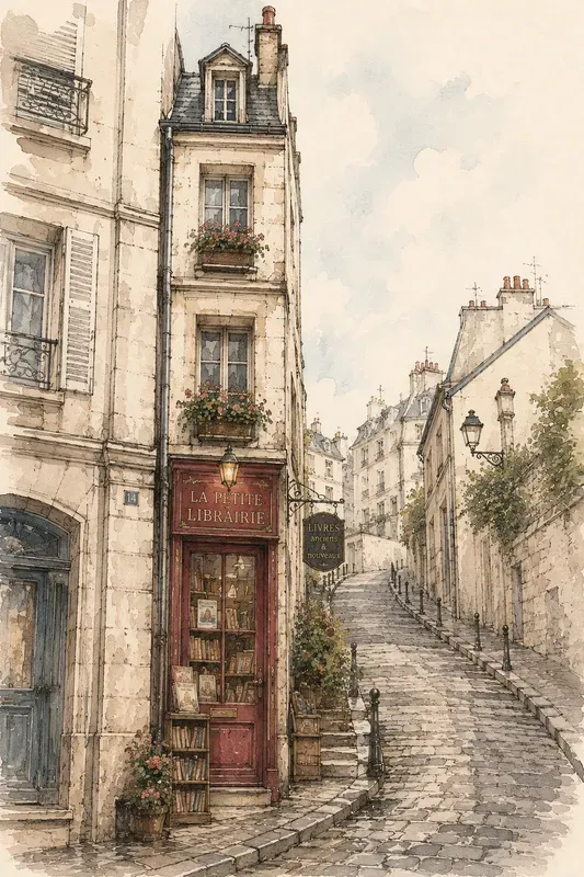 Tiny Paris Bookstores Ink Wash Art