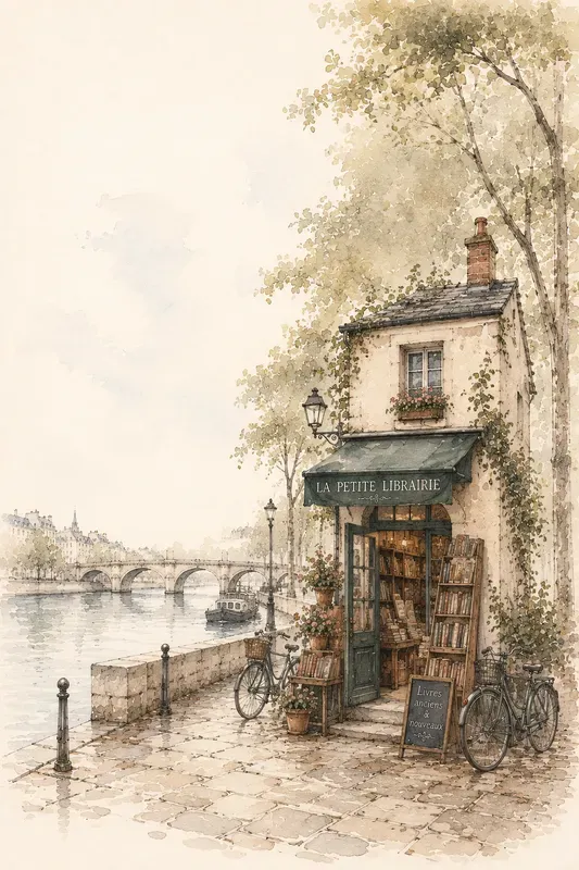 Tiny Paris Bookstores Ink Wash Art