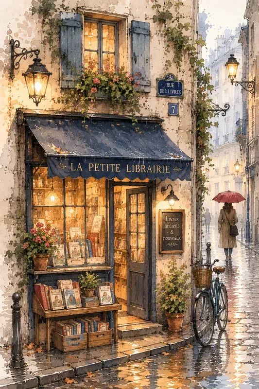 Tiny Paris Bookstores Ink Wash Art