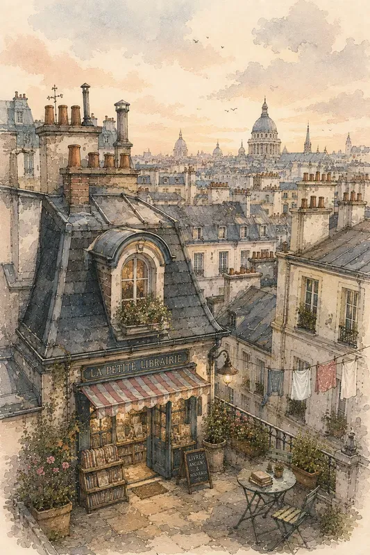 Tiny Paris Bookstores Ink Wash Art