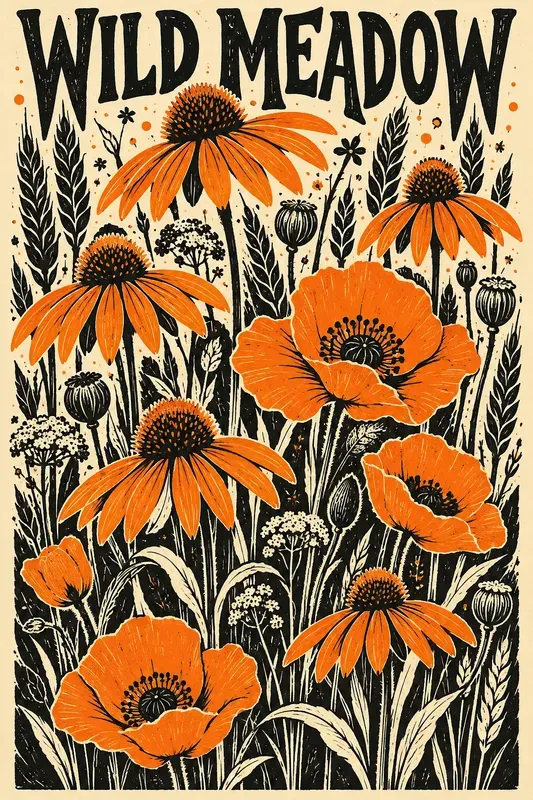 Folk Art Linocut Botanical Posters