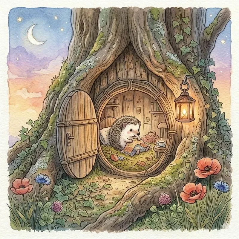 Cute Watercolor Hedgehog Storybook Art