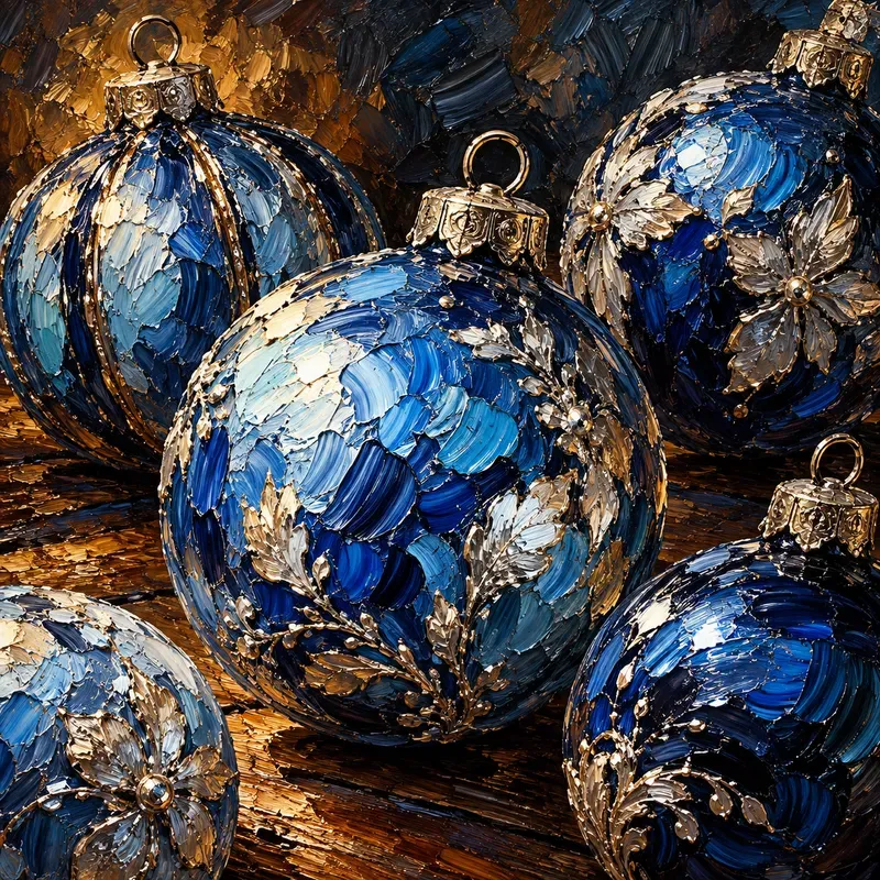 Impasto Blue Silver Christmas Oil Art