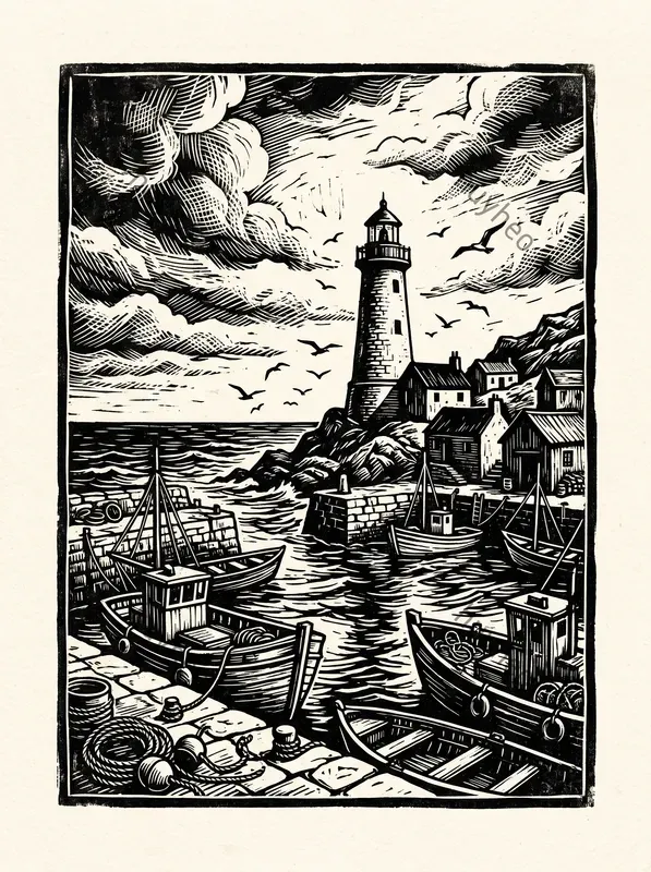 Vintage Woodcut Monoline Art