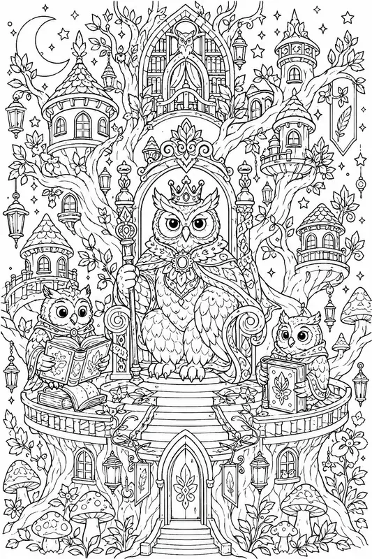 Magical Owl Kingdom Coloring Line Art