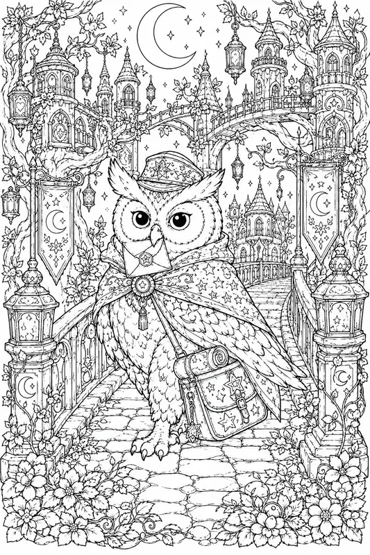 Magical Owl Kingdom Coloring Line Art