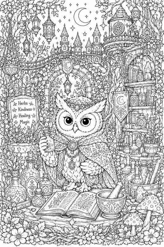 Magical Owl Kingdom Coloring Line Art
