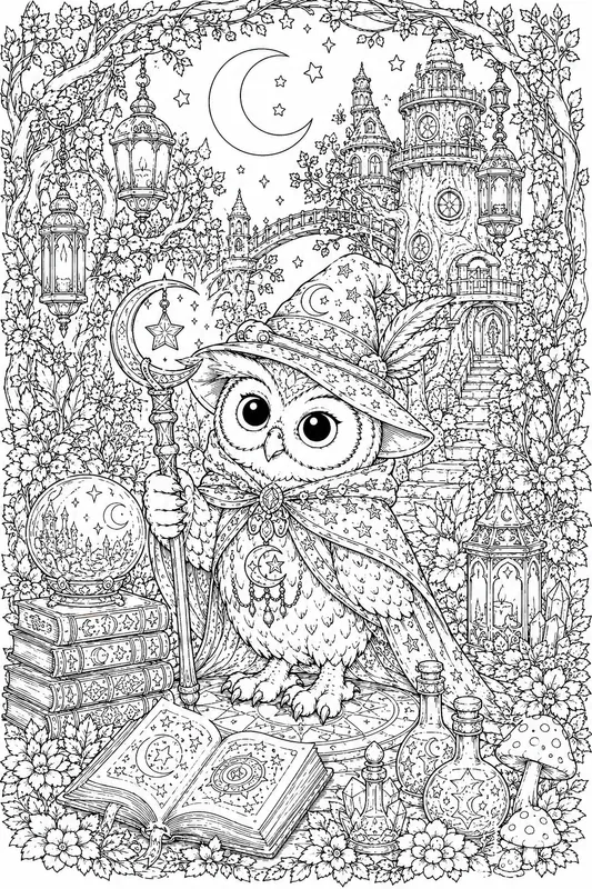 Magical Owl Kingdom Coloring Line Art