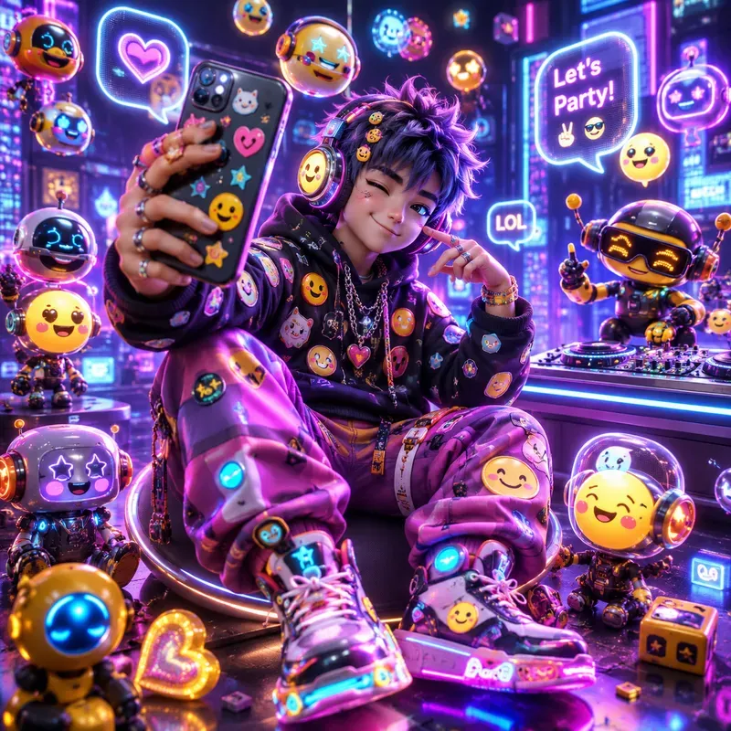 Neon Emoji Selfie Fantasy Scene Masteries