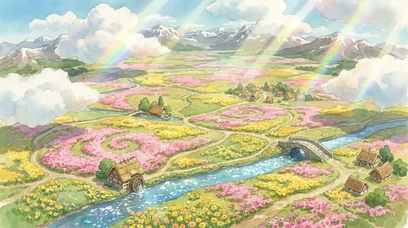 Ghiblistyle Panoramic Aerial Worldbuilds