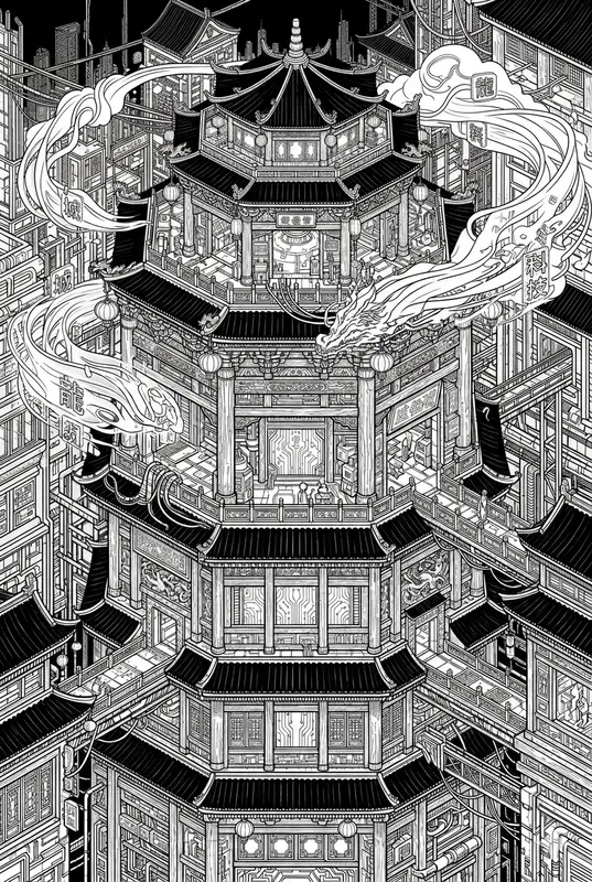 Cyberpunk Chinese Pagoda Coloring Pages