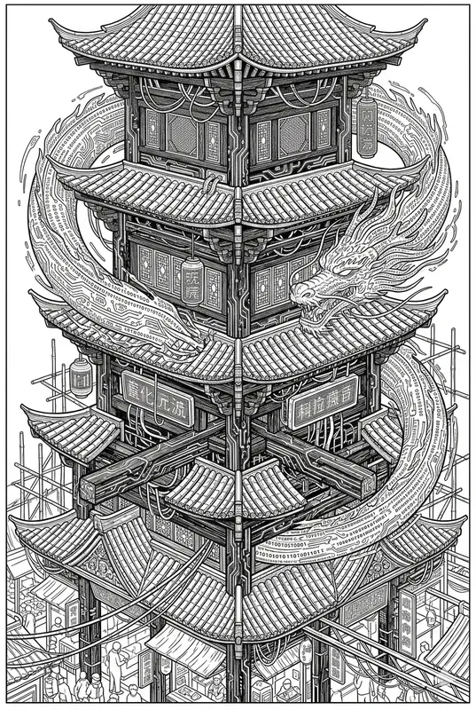 Cyberpunk Chinese Pagoda Coloring Pages