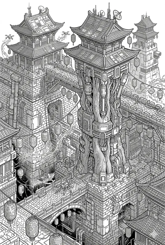 Cyberpunk Chinese Pagoda Coloring Pages