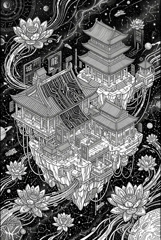 Cyberpunk Chinese Pagoda Coloring Pages