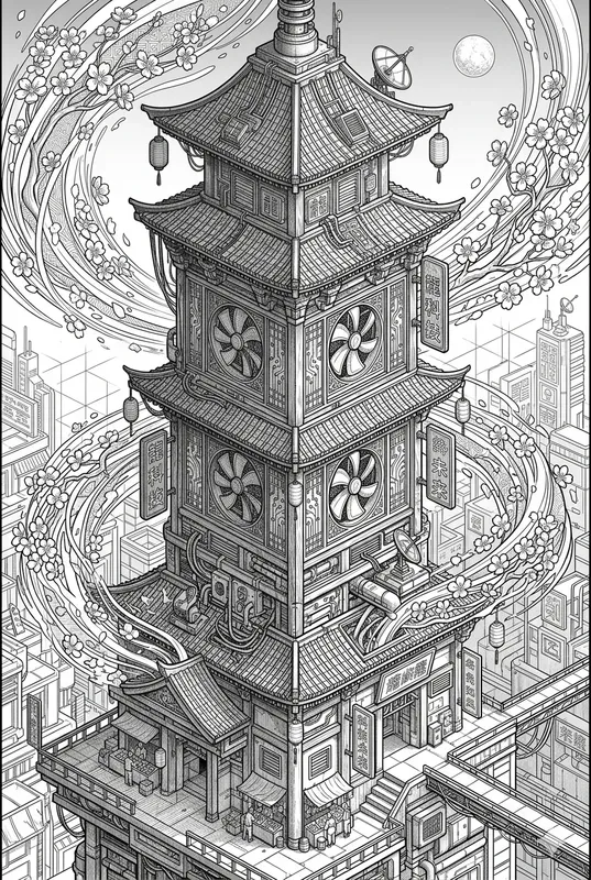 Cyberpunk Chinese Pagoda Coloring Pages