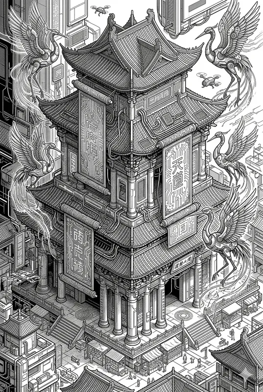 Cyberpunk Chinese Pagoda Coloring Pages