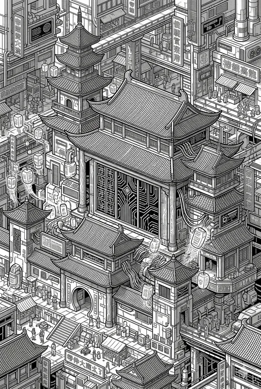 Cyberpunk Chinese Pagoda Coloring Pages