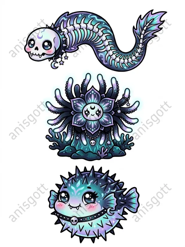 Iridescent Dark Sea Creature Clipart Sets Gemini Image Prompt | PromptBase