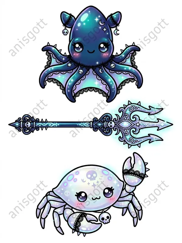 Iridescent Dark Sea Creature Clipart Sets Gemini Image Prompt | PromptBase