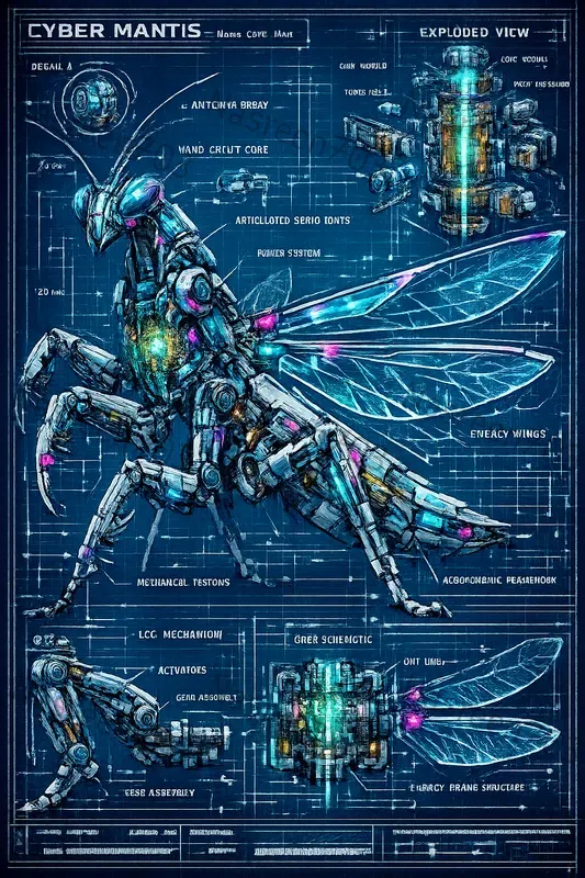 Robotic Insect Technical Blueprints ChatGPT Image Prompt | PromptBase