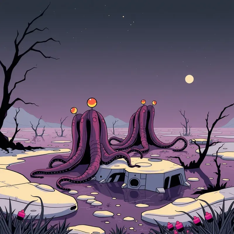 Minimalist Comicstyle Alien Landscapes DALL·E Prompt | PromptBase