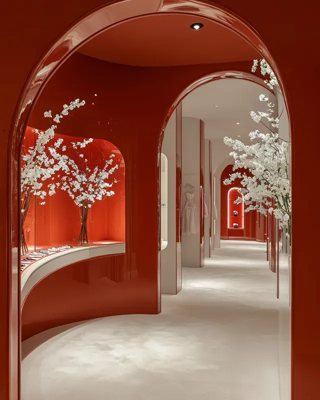 Modern Curved Red Interiors Midjourney Prompt | PromptBase