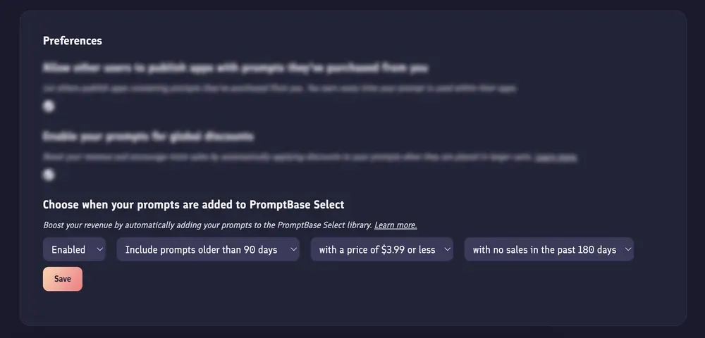Screenshot of the account settings page showing the global Select rules dropdown, with options like 'All prompts older than 60 days', 'All prompts older than a year', 'Opt out of Select' etc.