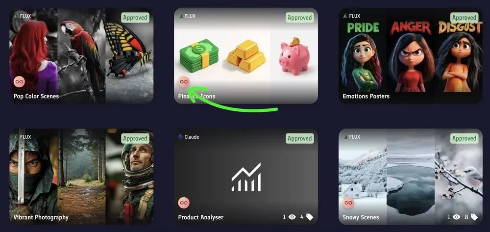 Screenshot of the marketplace page showing a prompt with a Select infinity icon badge on its thumbnail, clearly distinguishing it from regular prompts