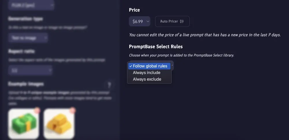 Screenshot of the prompt edit page showing the Select override toggle, with options to include or exclude the prompt regardless of global rules