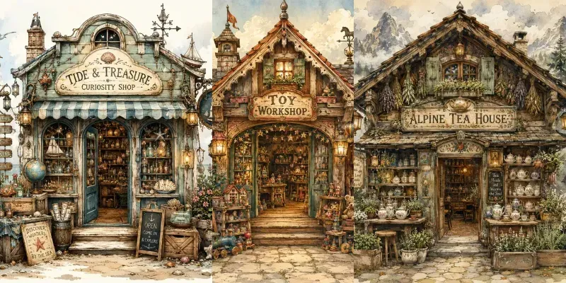 Whimsical Vintage Storybook Shops generated by undefined