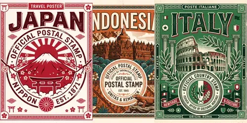 Iconic Country Office Stamp Posters generated by gemini-image