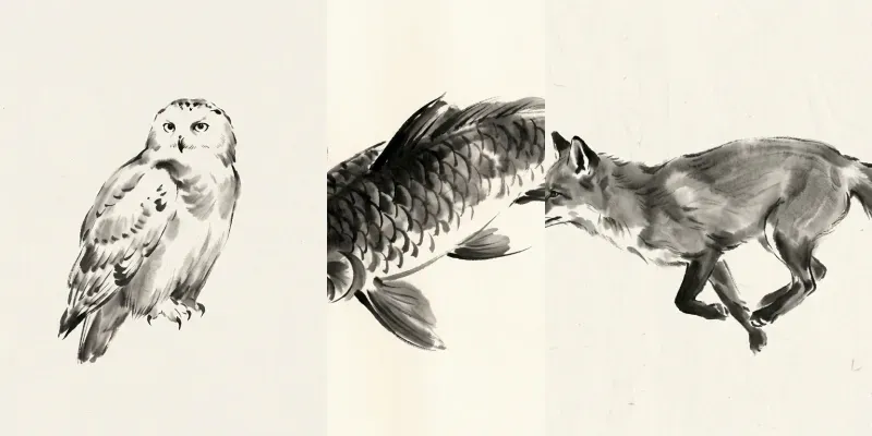 East Asian Ink Wash Animal Portraits