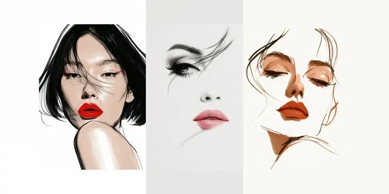 Elegant Lashes And Lips Line Art