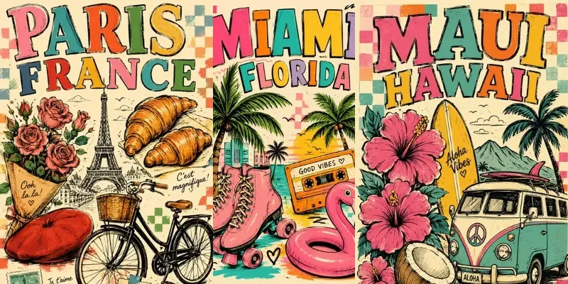 Retro Hand Drawn Travel Posters generated by undefined