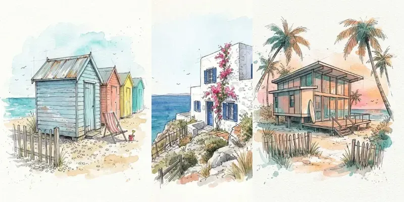 Watercolor Ink Beach House Sketches