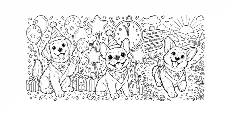 Cute Dog Breed New Year Coloring Pages