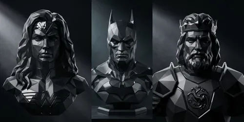 Dark Geometric Faceted Hero Sculptures generated by gemini-image