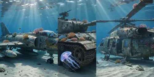 Underwater Military Wreckage Videos generated by veo