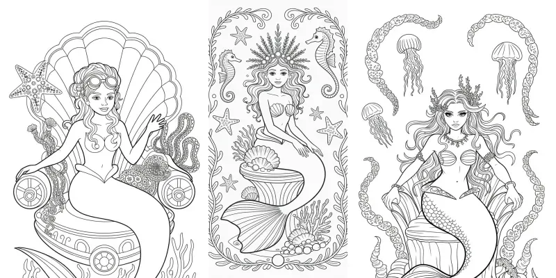 Elegant Mermaid Palace Coloring Pages generated by undefined