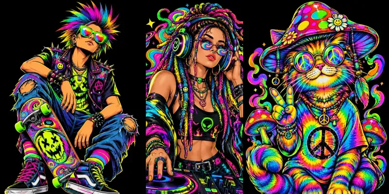 Psychedelic Neon Comic Characters Packs