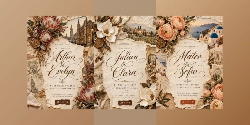 Vintage Sepia Torn Paper Wedding Invites